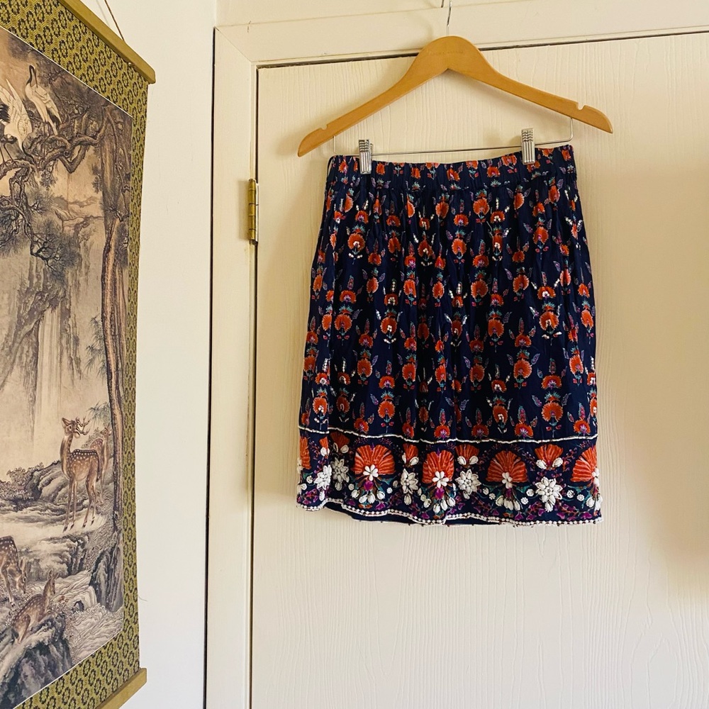 Anthropologie Maeve Embroidered silk shells folk boho festival mini skirt S